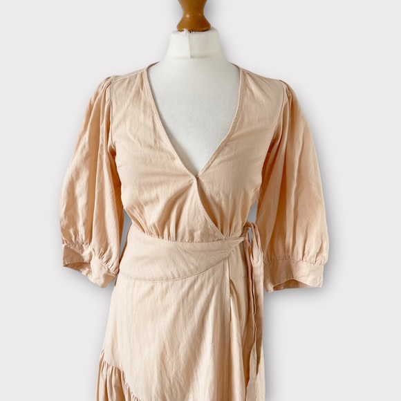 Free People Don’t Mind If I Do Midi Dress Size XS Peach Wrap Cotton Linen Mix - Picture 2 of 11